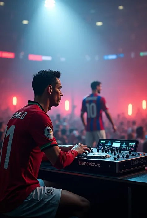 Ronaldo is sitting at the DJ desk and watching Messi come out