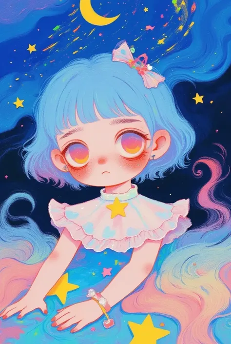 (masterpiece,  Best Quality :1.2),  colored pencil drawing, sketch,   Dream illustration  ,1 Girl，Stars and tears ，moon，Meteor Shower。软萌动漫插画, Lowe style, Fantasy art style, blurred and 梦幻插图