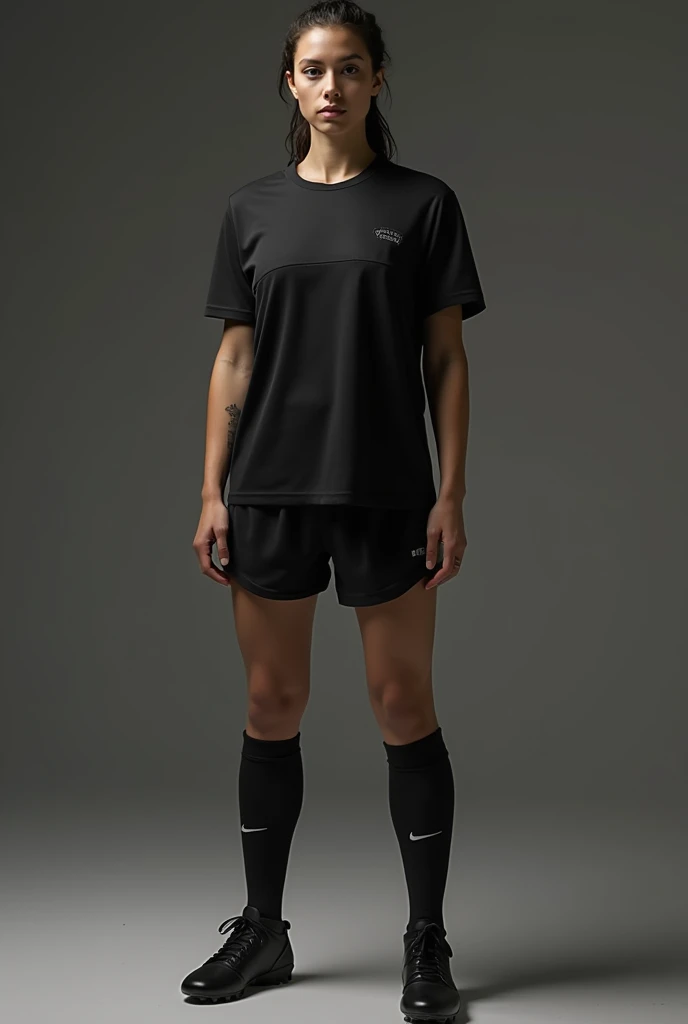  Create a woman dressed in a uniform (shirt, shorts, socks and boots) From black soccer ,  this uniform does not have any logo or brand, The background of the image is not dark.