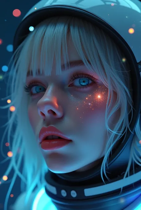 ( Close-up of a Better Masterpiece: 1.5) 0.9], (Space and astronauts: 1.2) (Disheveled silver hair: 1.1) ( Heterochromia xanthochromia and blue eyes: 1.2) (space helmet: 1.0) ( colorful stars in the eyes : 1.0) (A radiant glow: 1.1) (thick lips: 0.9)