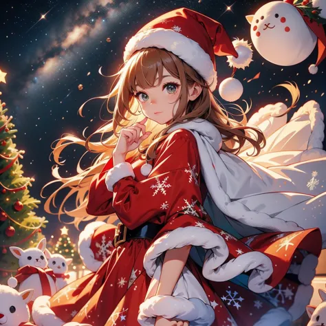  Christmas、 Santa Claus Beautiful Girl 、Chibi、cute、universe、milky way、Meteor Shower、 Christmasイルミネーション、Red and green neon 、 Brown and White Dress 、Sheepskin 、