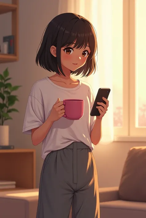 18 year old girlz height 5 feet 4 inch, not so long nor short brownish black hair colour, brown skin tone, weight 63kg, long t shirt and trousers,at home, a round pink mug of coffee in one hand and smart phone in the other hand