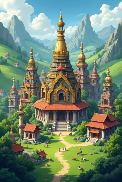 "An artistic depiction of Railmagra village highlighting multiple temples with distinct architectural styles, surrounded by local houses and lush green fields."



