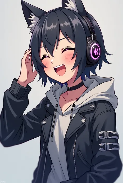 Boyish Womens Headphones, Anime Style, Cool Theme Color: Gray, Clothes with Dowels, Laughing, Cool Wolf Cut, No Ears