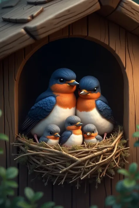 There is a birds nest under the house，Two large swallows and three little swallows snuggle up，Warm picture，HD，Realism