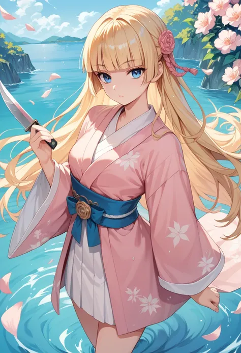  High Quality 　masterpiece　16k top image quality　 Blonde Blue Eyes 　Baby Face　 long hair　 Had　hime_cut　　pink robe 　 Japanese Knife 　 standing 　 short stature 　　 clothes that are stained with water　Iaido swordsmanship