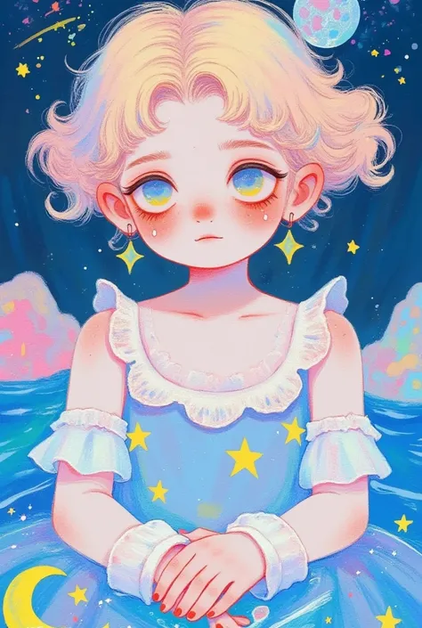 (masterpiece,  Best Quality :1.2),  colored pencil drawing, sketch,   Dream illustration  ,1 Girl，Tears flow to the river，moon，Meteor Shower。软萌动漫插画, Lowe style, Fantasy art style, blurred and 梦幻插图