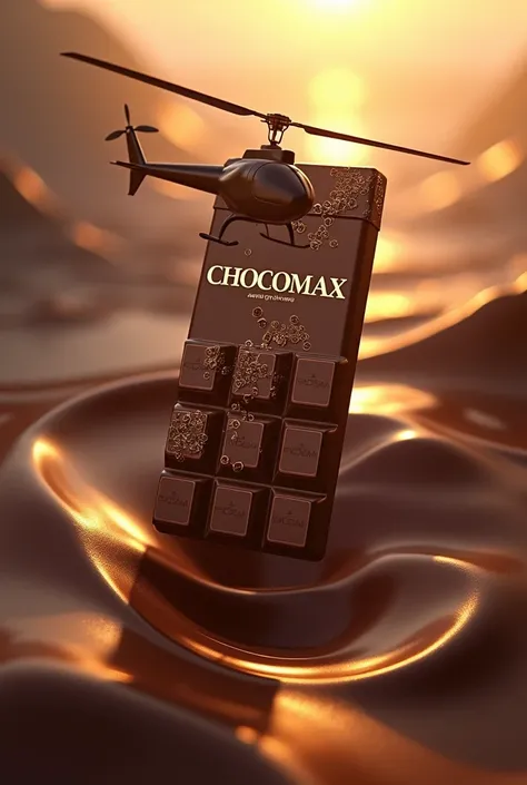 A highly professional and visually stunning scene designed for a Chocolate Day social media post. The centerpiece is a prominent, front-facing view of an oversized luxury chocolate bar branded as Chocomax, showcasing sleek and elegant packaging with metall...