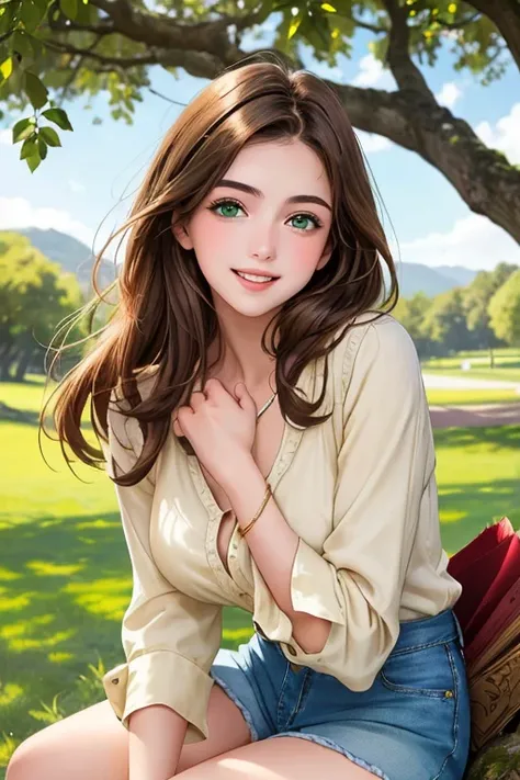 masterpiece,  best quality ,  ultra-detailed ), Portrait of an 18-year-old woman with light brown hair, Curved green eyes, beige blouse and blue jeans smiling blue shorts singing under a tree (leaning against the tree) and reading a brown book - ultra real...