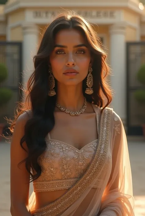 

"A beautiful Indian woman with captivating grey eyes and soft pink lips, standing gracefully in front of a college gate, holding an intricately embroidered luxury salwar suit. Her figure is elegant, enhanced by the delicate fabric of her attire. The sun ...