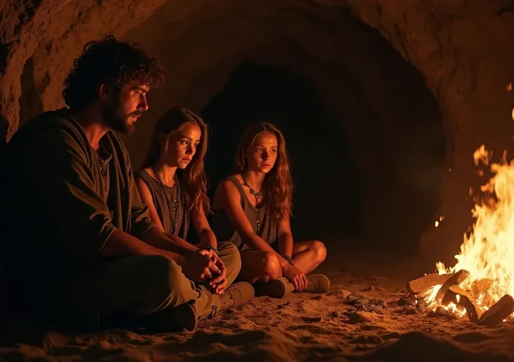 " Show Lot and his daughters inside a cave illuminated only by the light of a bonfire. The daughters are seated close to ,  with expressions of despair and concern ,  while Lot seems depressed and thoughtful .  The scene conveys isolation and uncertainty ....