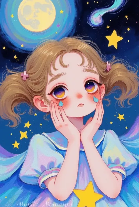 (masterpiece,  Best Quality :1.2),  colored pencil drawing, sketch,   Dream illustration  ,1 Girl，Catch tears with your hands，moon，Meteor Shower。软萌动漫插画, Lowe style, Fantasy art style,  blurred and dreamy illustration