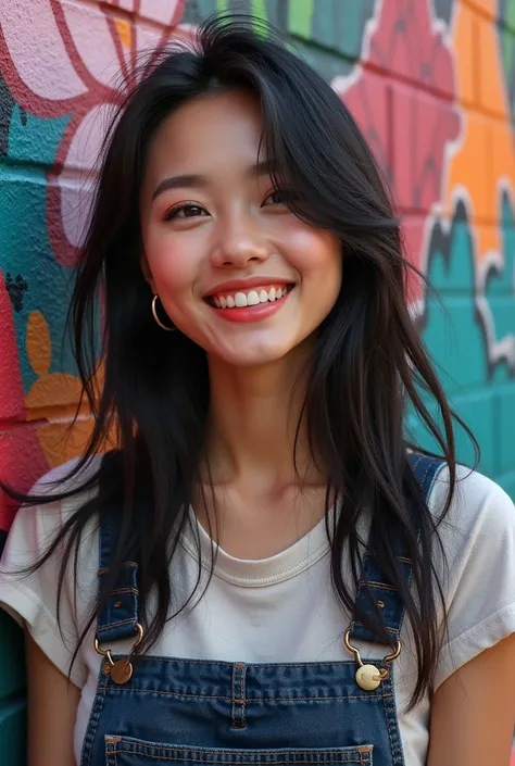 Hiperrealistic photo of a beautiful thai-korean woman fair skin pink lips with sharp features and a extremely sweet smile. She is wearing a casual t-shirt and knee-length overaldress dark denim tight, with her hair styled in a modern long straight, beauty ...