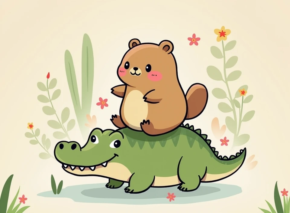 Capybara is on top of a crocodile kawaii illustration 