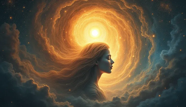  Imagine a silhouette of a face with closed eyes ,  radiating golden light from the third eye , symbolizing the expansion of consciousness. Instead of a hand ,  visualize a cosmic wave or multicolored nebula that touches forehead ,  suggesting a flow of en...