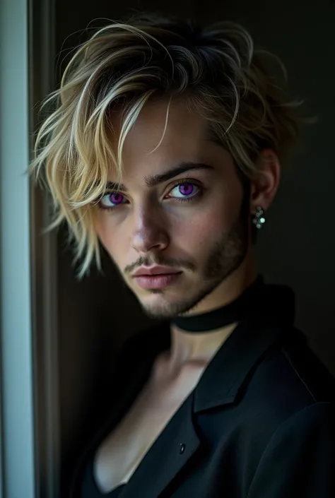 High Quality, man Short Hair, Blonde Hair, Black Hair, beared , Breasts, Purple Eyes, Parted Lips, smile, Dutch Angle, Head Out Of Frame, Hair Clip, Cinematic Lighting, 