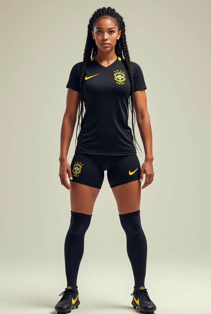 Create a Brazilian woman with braids in her hair,  dressed in an all-black soccer uniform , shirt, short, Socks and boots .