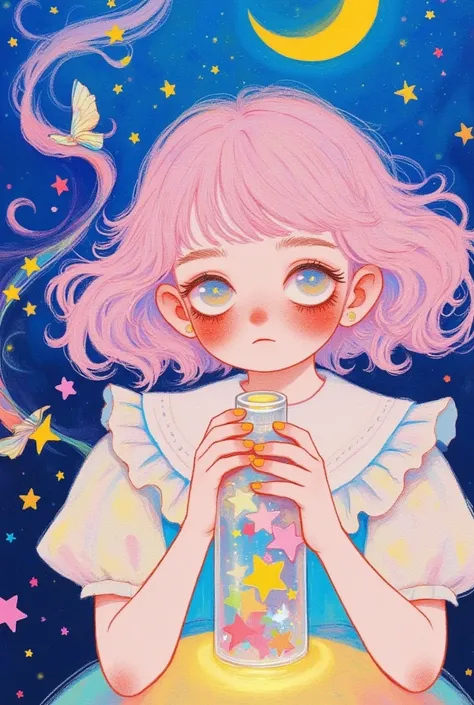 (masterpiece,  Best Quality :1.2),  colored pencil drawing, sketch,   Dream illustration  ,1 Girl，cry，Holding a glass bottle full of stars，moon，Meteor Shower。软萌动漫插画, Lowe style, Fantasy art style, blurred and 梦幻插图