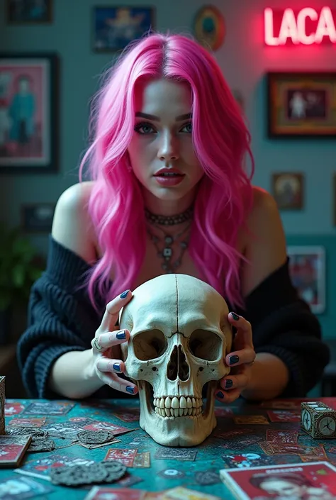 a woman with pink hair holding a skull in front of a table with lots of, cyberpunk art, digital art, cyberpunk beautiful girl, cyberpunk girl, cyberpunk art ultrarealistic 8k, cyberpunk voodoo, cyberpunk artm, gothic - cyberpunk