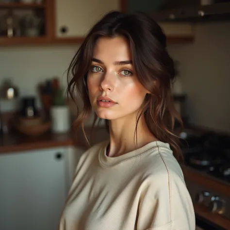  beautiful girl,  European appearance, in a sweatshirt to the neck , photo to the waist, kitchen against 