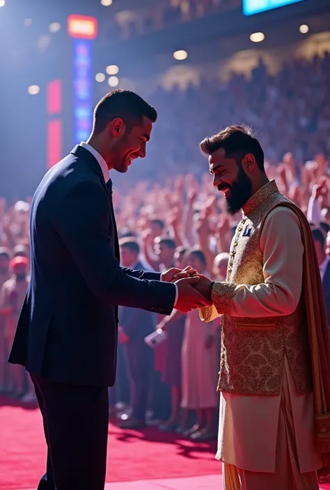 "Create an image of Cristiano Ronaldo playfully bowing down to touch Virat Kohlis feet on a brightly lit stage during a grand event. The scene is filled with cheering fans in the background, colorful lights highlighting the moment, and both legends smiling...