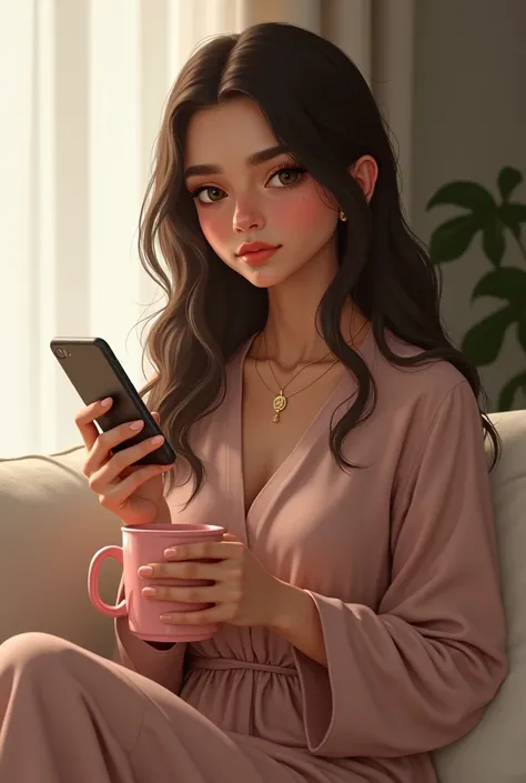 18 year old islamic girl, height 5 feet 4 inch, not so long  brownish black hair colour, brownish skin tone, oval face shape , weight 63kg, long modest casual gown,,at home, a round pink mug of coffee in one hand and smart phone in the other hand, wearing ...