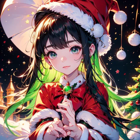  Christmas、 1 beautiful girl with pieces 、 black and white Santa Claus dress、black small silk hat 、Chibi、cute、universe、milky way、Meteor Shower、 Christmasイルミネーション、Red and green neon 、Sheepskin 、