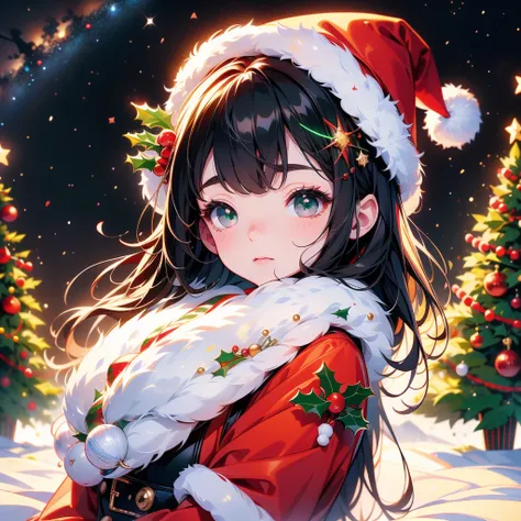  Christmas、 1 beautiful girl with pieces 、 black and white Santa Claus dress、black small silk hat 、Chibi、cute、universe、milky way、Meteor Shower、 Christmasイルミネーション、Red and green neon 、Sheepskin 、