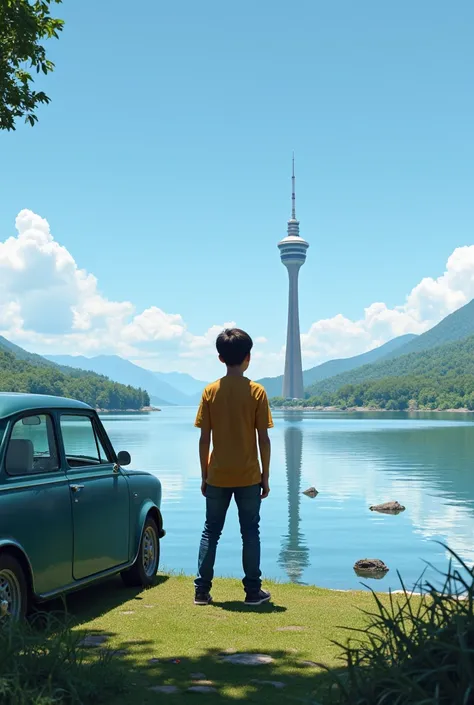 Motivational image .  A boy standing by the lake next to his car looks at a slender and beautiful tower in the middle of the lake.