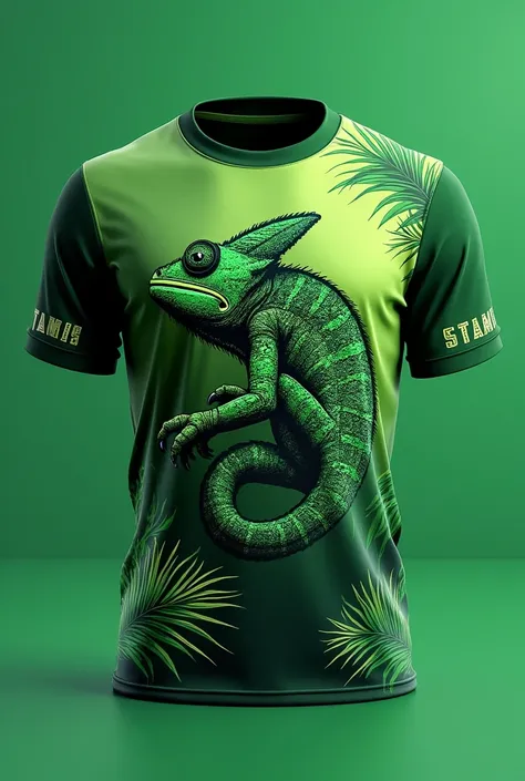  design of a sports shirt with a team mascot, Must be green . The mascot may be a chameleon, a different option than the previous one