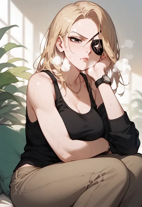 girl,Light blonde hair, in black eyes,Fierce face, Black Tank Tops , Black Faux Sleeves with a Thousand, medium breasts, eyes patch black, Trousers, Sit, Rest, Breathe ,sweat,Watch the Moon 