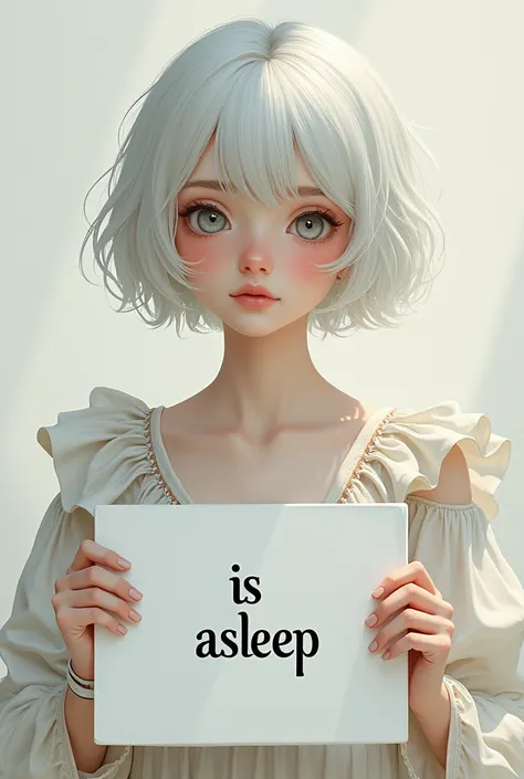 Beautiful girl with white short hair, bohemian dress, holding a white board with text "IS ASLEEP" and showing it to the viewer, highly detailed,  digital art, 4K UHD image.