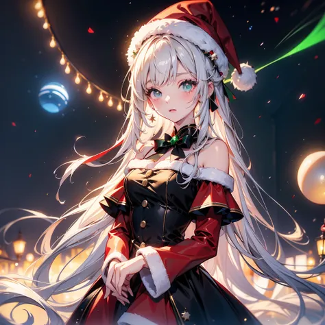  Christmas、 1 beautiful girl with pieces 、black and white Santa Claus dress、black small silk hat 、Chibi、cute、universe、milky way、Meteor Shower、 Christmasイルミネーション、Red and green neon 、Sheepskin 、