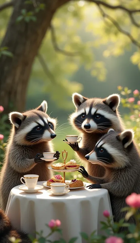 Real raccoons enjoying afternoon tea