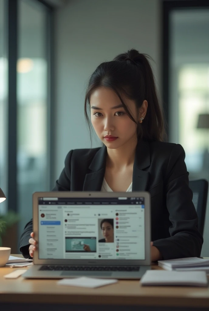 A young lady in a office and scrolling her laptop and showing social media