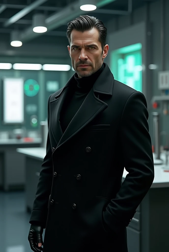 45 yo italian male, black medium slicked back hair, yellow cat eyes,black peacoat,black turtleneck, black gloves, in  a  hitech laboratory 