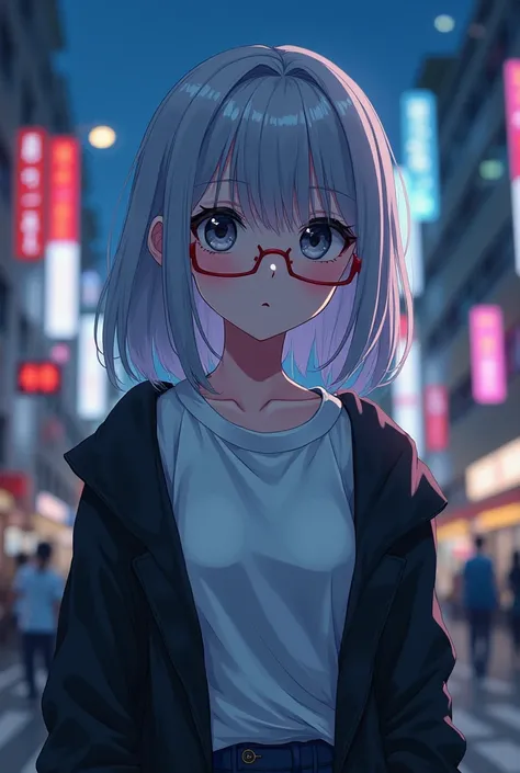  silver hair, medium hair,Black Eyes,White skin , Beautiful Girl, high school girl ,Neutral,cool, boyish ,Sloping shoulders,Flexible,Thin chest,Poor Breasts ,Impression of being smitten ,Dark character, white long sleeve t-shirt , wearing a black cardigan ...