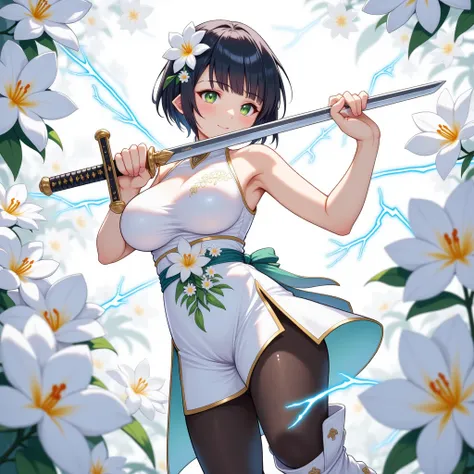  1 girl, Cute Elf,  Short Bang ,  black hair with white lily decoration , Deep green eyes,  detailed beautiful eyes, Pointy ears, breast,   white sleeveless mini china dress with floral pattern, ( black pantyhose), thigh, ( white boots that shoot bows), ho...