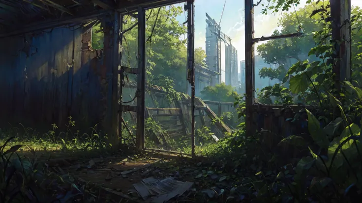 A serene post-apocalyptic paradise, breathtaking and surreal decay reclaimed by nature, overgrown ruins covered in soft greenery, flowers blossoming on abandoned buildings, trees and vines overtaking empty streets, sky aglow with sunset hues, warm light ca...