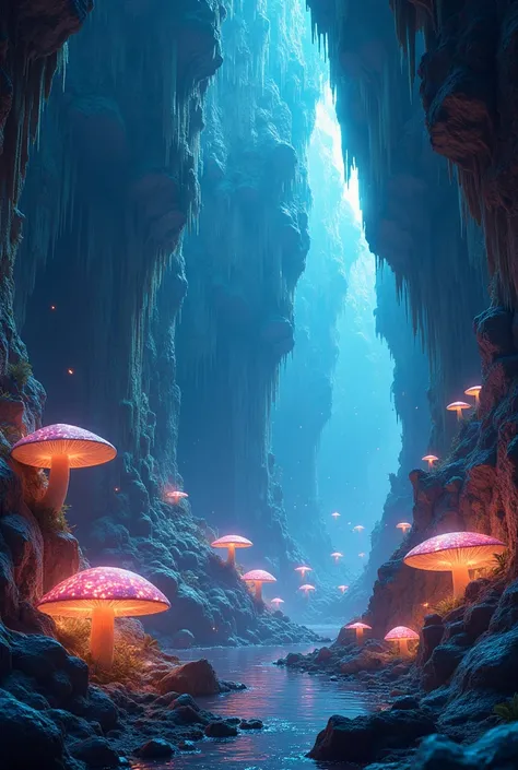 Make a cave with crystals and shiny mushrooms illuminating the cave in 8k 