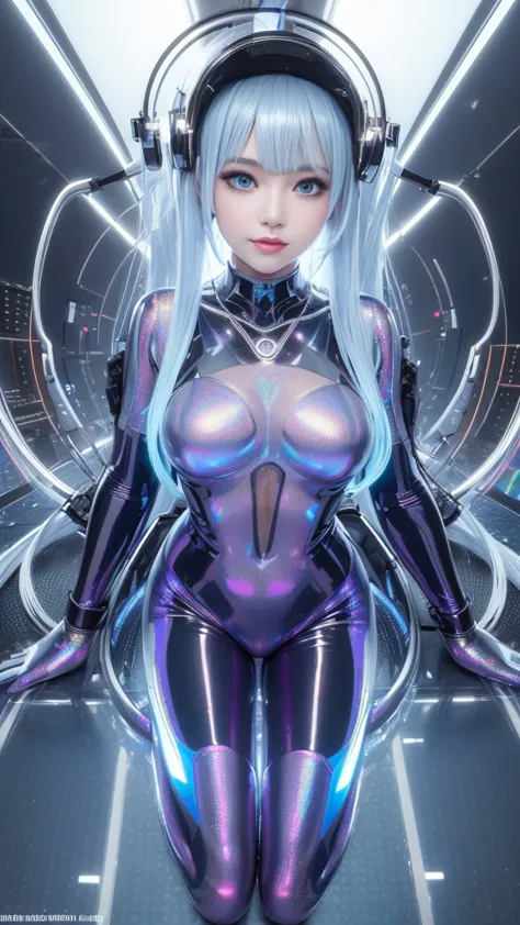 ( best quality,  Hi-Res, masterpiece:1.2), Super detailed, Realistic:1.37,(perfect anatomy),***1 person, cute and perfect cute woman ,smile、 is sitting cross-legged、Inside the robot operating room ,(Lots of cables:1.1),Lots of tubes,Monitor screen,( modifi...