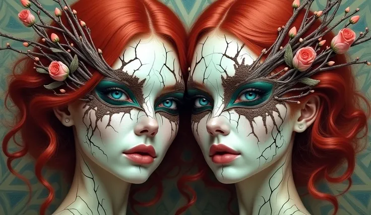 Two beautiful woman Blue eyes Red hair with cracks on the face and body, rose buds and masks come out of the cracks on the face and body, geometric psychedelic background