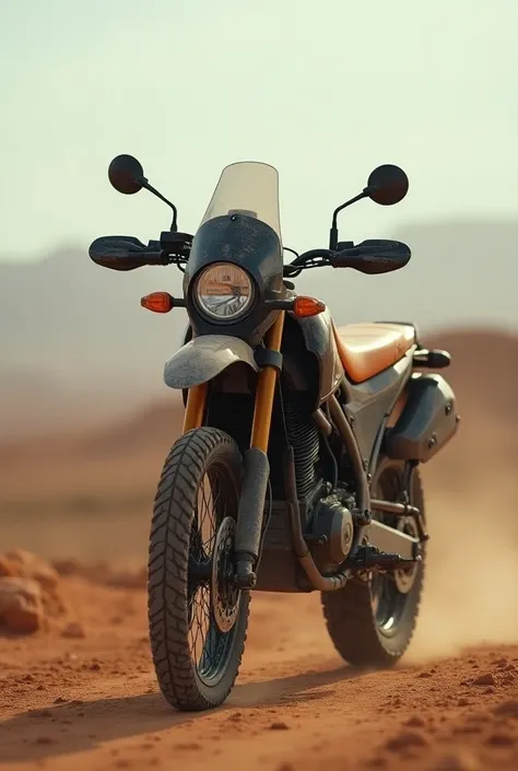 [Adventure motorcycle, parked on a dusty trail, ready for exploration, conveying a sense of freedom and ruggedness], [Photorealistic, adventure/travel photography], [No specific artist reference], [Natural daylight, slightly diffused,  warm color palette w...