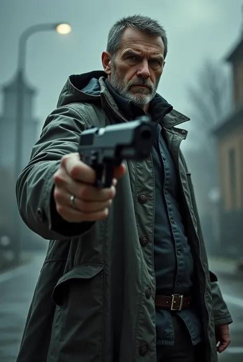 Vasya is wearing a raincoat in which he is holding a gun