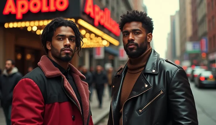 The retro-style image captures the iconic Apollo Theatre facade in Harlem, New York, with its bright red “APOLLO” marquee. In the foreground, two friends with robust, heavy-set builds stand out, adding character to the scene.

Friend on the Left: Broad-sho...