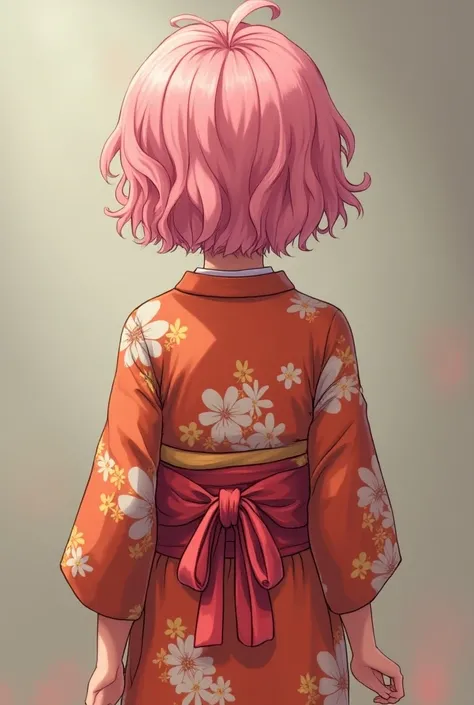 Back view of a 19-year-old girl with short pink curly hair and a kimono. The girl is covered with diarrhea in her clothes 