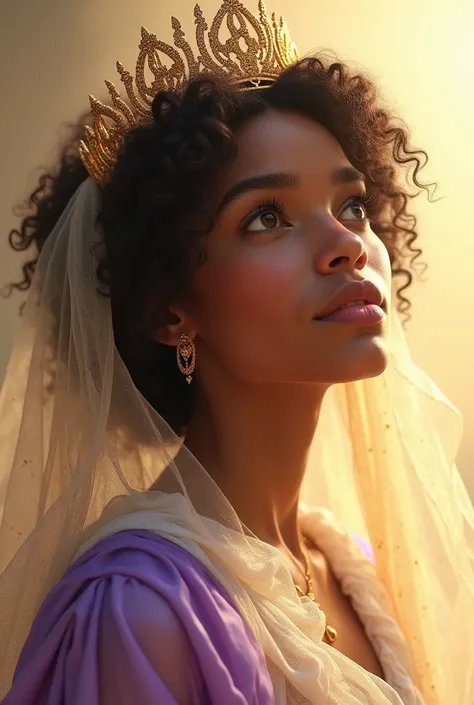   Our Majesty Lady with a shimmering crown in close,  wearing white dress and purple robe   ,  bright light beige mouth  , with dark skin  , rosy cheek ,  brown eyes,  curly hair and golden translucent veil  , looking up, smiling 