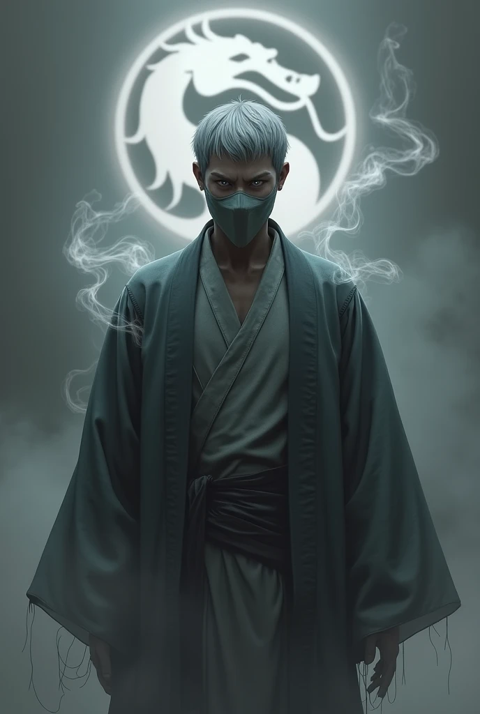   Make me Smoke 1 man grey mask very short grey hair grey glass cloudy eyes from Mortal Kombat;kimono style with Smoke  &#The 39th appearance of Smoke  &#39,  background grey Mortal Combat logo  