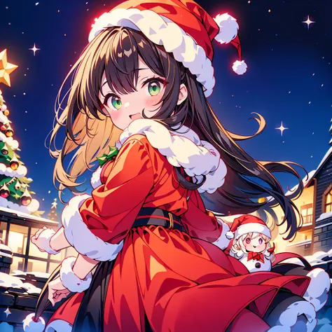  Christmas、 1 beautiful girl with pieces 、 black and white Santa Claus dress、black small silk hat 、Chibi、cute、universe、milky way、Meteor Shower、 Christmasイルミネーション、Red and green neon 、Sheepskin 、Transparent glowing
、christmas