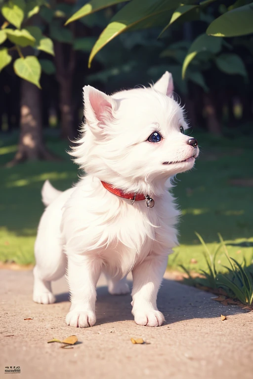 From side, ((masterpiece)),best quality, beautiful detailed eyes, 8K resolution, Semi-realistic, cinematic lighting, 1 dog, "A small white Spitz puppy alone , No humans in the scene, just the dog. Semi-realistic, 2.5D style, high-quality detail, natural li...